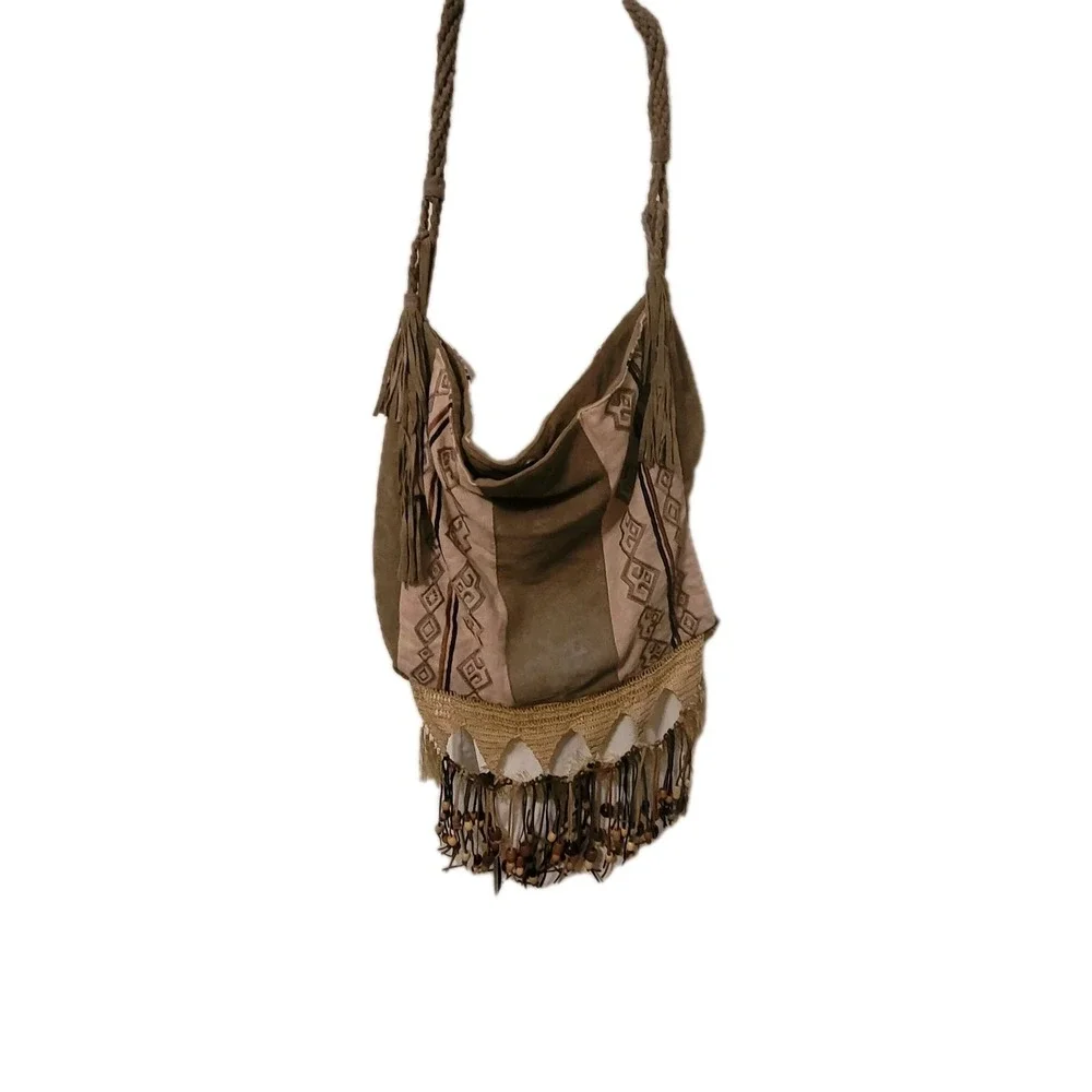 Vintage Free People Oversized Light My‎ Fire Fringe/Beaded Suede Boho Bag**ink**